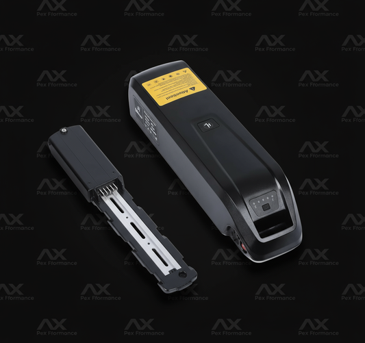 E-bike battery alternate view with AX Performance background