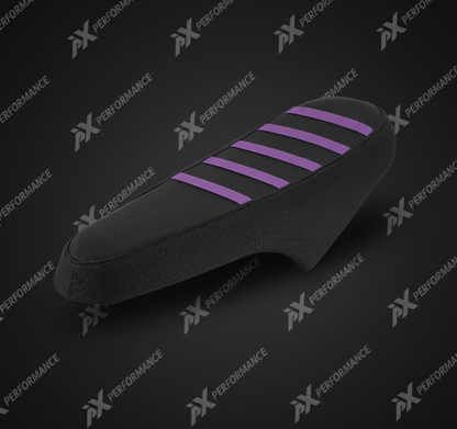 E-bike seat cover with purple stripes on AX Performance branded background