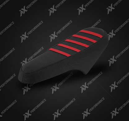 E-bike seat cover with red stripes on AX Performance branded background