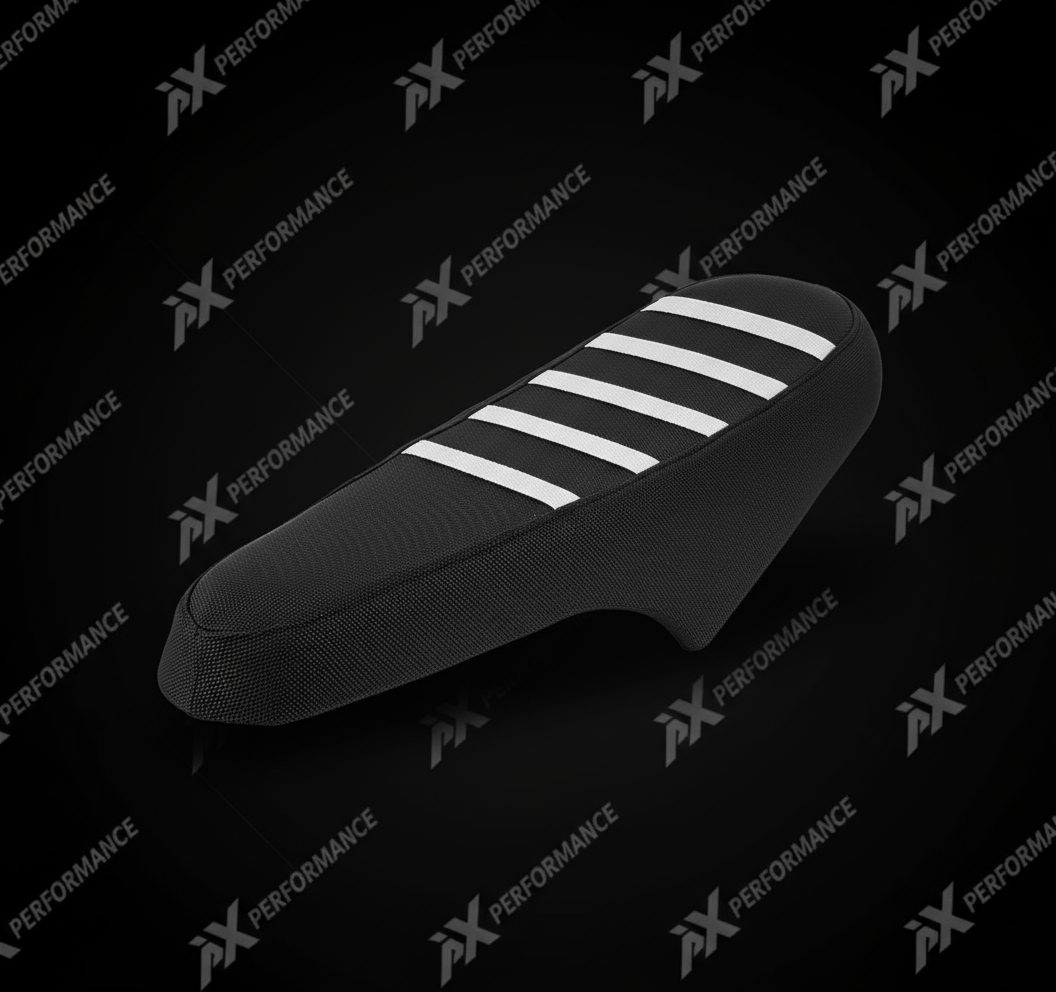 E-bike seat cover with white stripes on AX Performance branded background