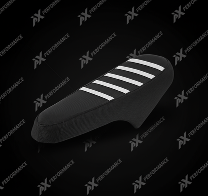 E-bike seat cover with white stripes on AX Performance branded background