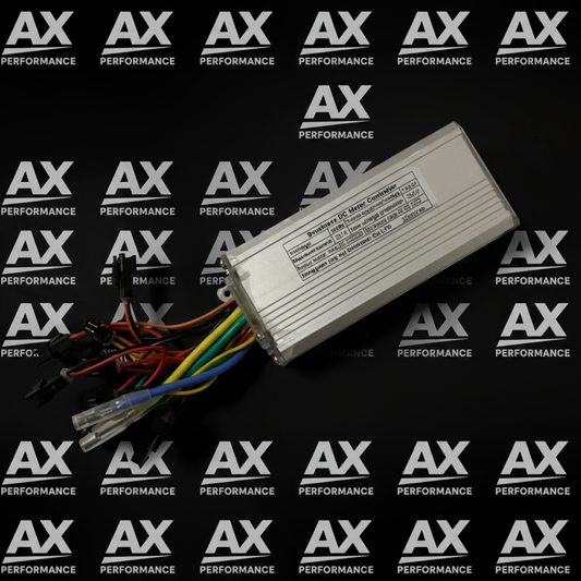 Motor controller with multiple AX Performance logos on black background