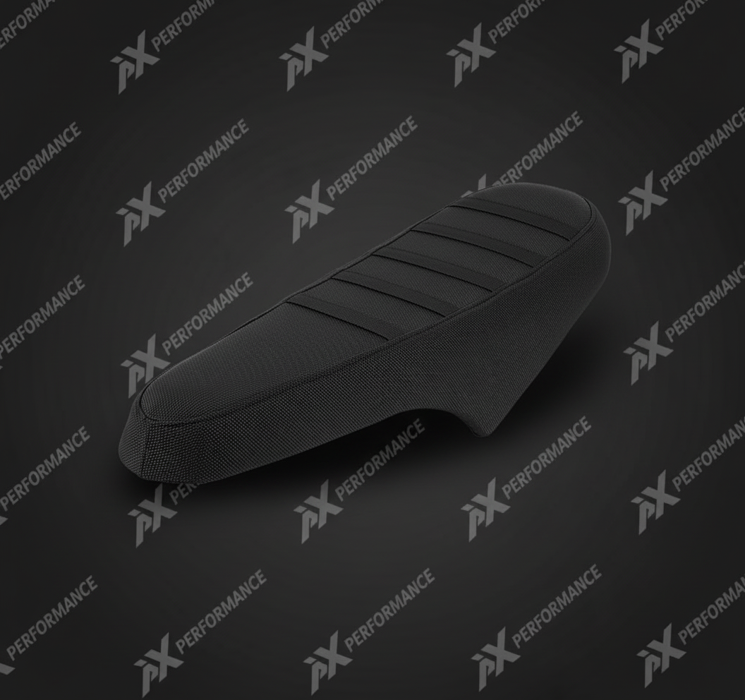Solid black e-bike seat cover on AX Performance branded background